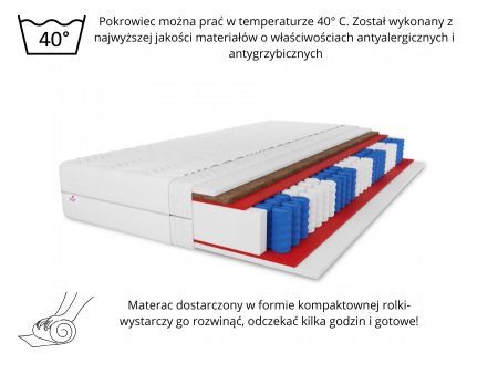 Materac kieszeniowy SALSA KOKOS 140x200x19, 7 stref, antyalergiczny, pianka T25, mata kokosowa, średnio twardy/twardy H3/H4