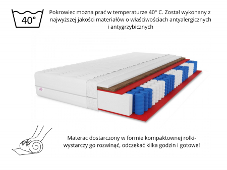 Materac kieszeniowy LAMBADA KOKOS 120x200x22 H4 – twardy, 7 stref, antyalergiczny, pianka T25, mata kokosowa, pocket