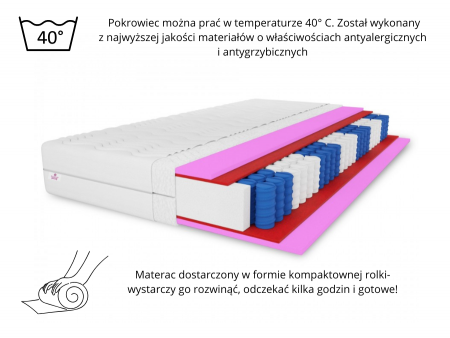 MUVIESO H3 pocket spring mattress, 80x200, pocket springs, HR foam, hypoallergenic, 7 zones, height 19cm