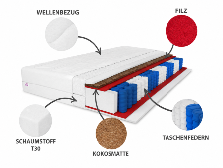 Taschenfederkernmatratze 100x200 SALSA KOKOS H3/H4, 7 Zonen, antiallergisch, T25-Schaumstoff, Kokosmatte, Höhe 19 cm