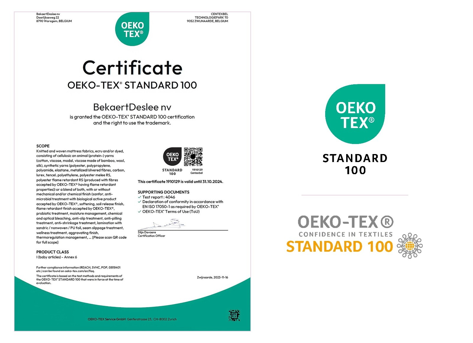 Zertifikat OEKO-TEX Standard 100 für Matratzenstoffe, Produktklasse I