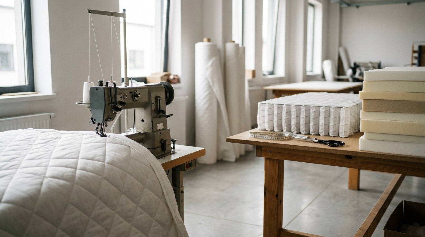 Werkstatt des Matratzenherstellers mit Steppmaschine, Taschenfederkern und Schaumstoffschichten