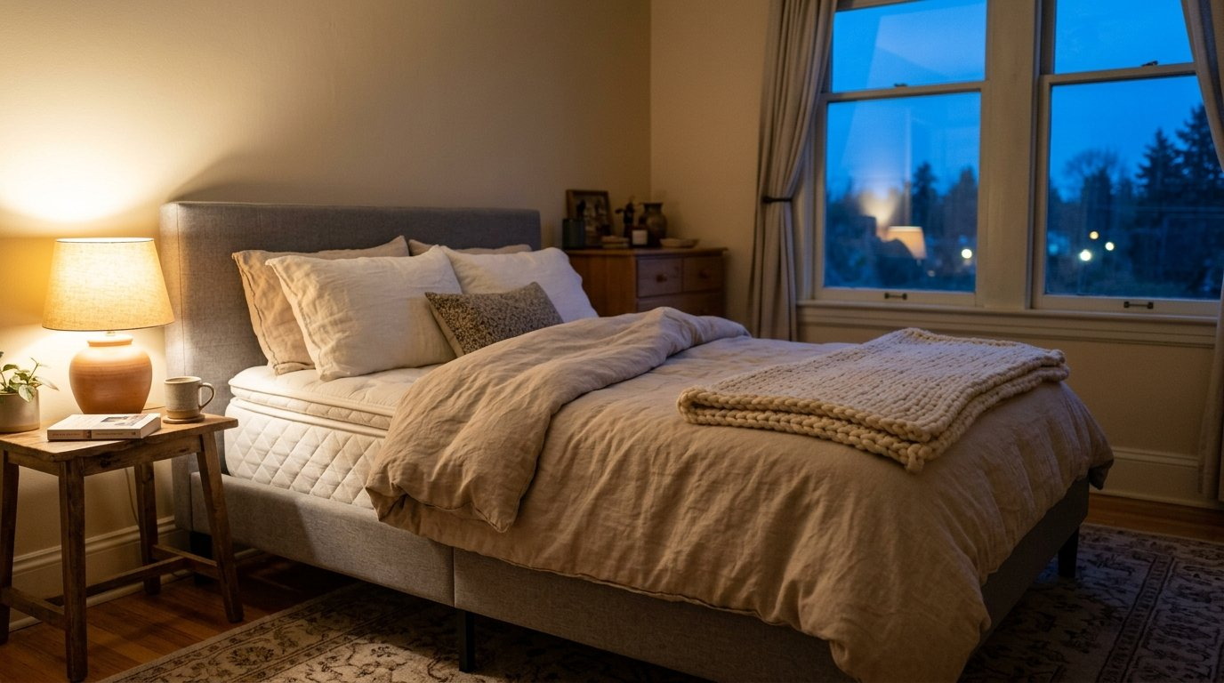 Gemütliches Schlafzimmer am Abend mit gesteppter Matratze auf einem Polsterbett