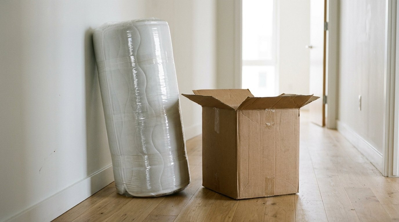 Vakuumverpackte, gerollte Matratze in Folie neben einem Karton im hellen Flur