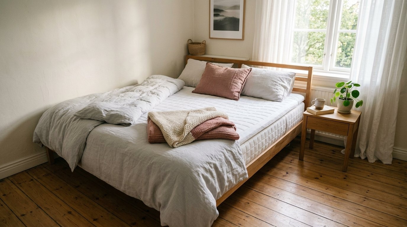 Helles Schlafzimmer mit gesteppter Matratze auf einem Holzbett am Morgen