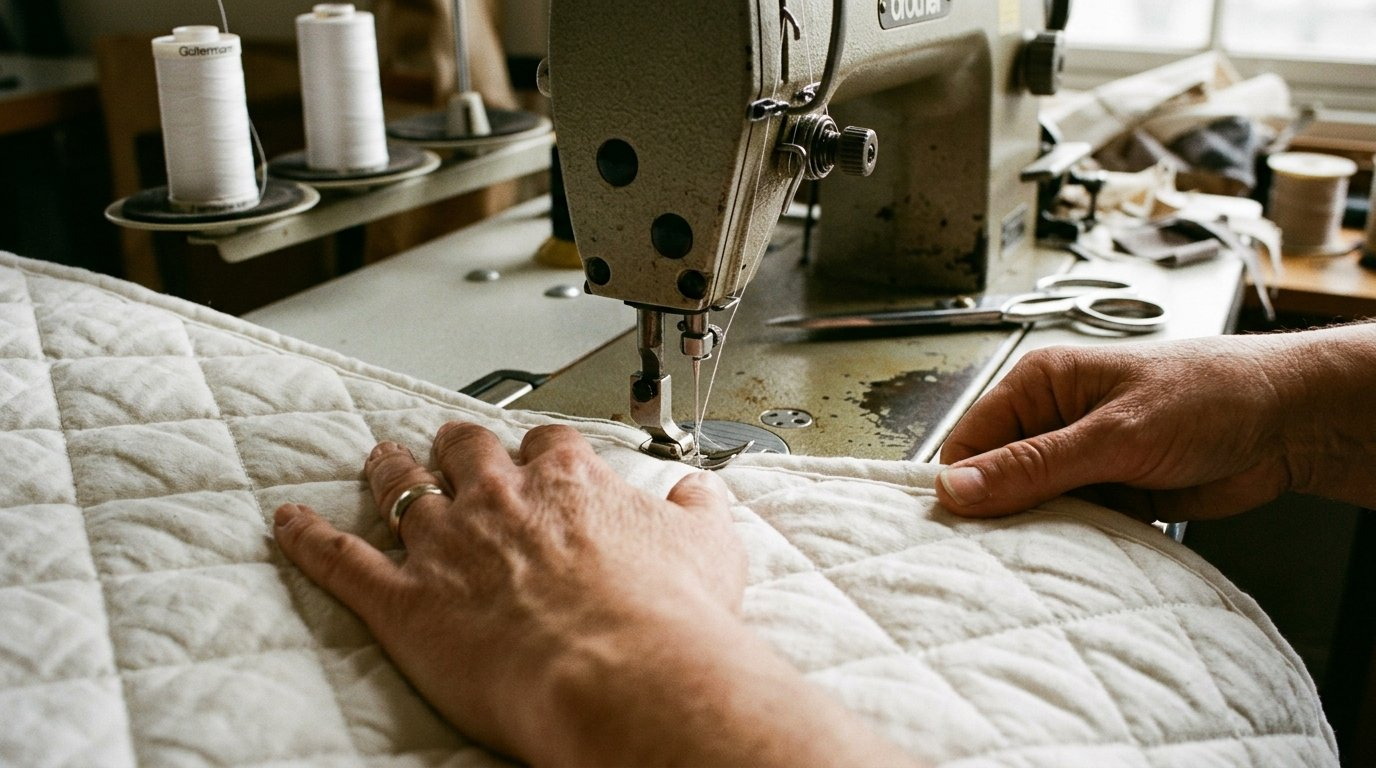 Hände führen einen gesteppten Matratzenbezug durch eine Industrienähmaschine